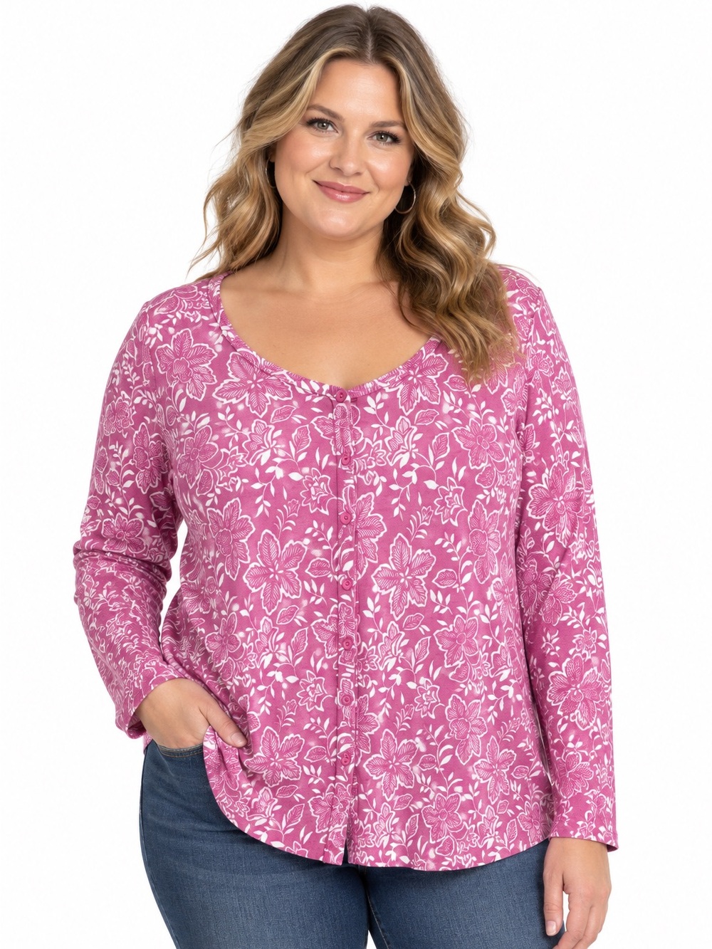 Jessica London Fuchsia & White Button Up Sweater